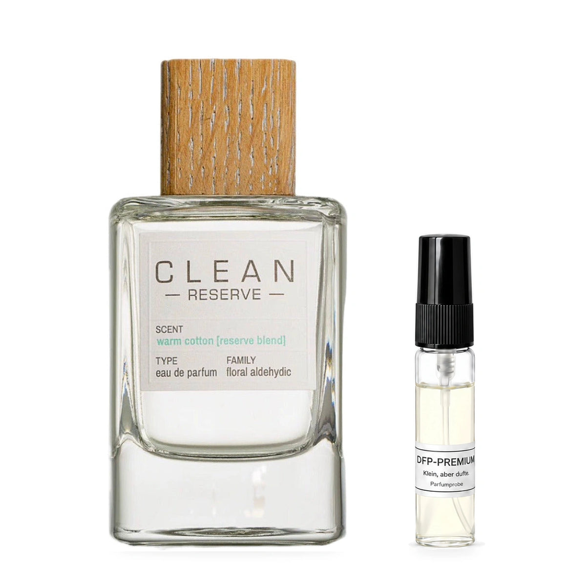 Clean Reserve Warm Cotton: Originalflakon neben einer DFP Parfumprobe im Glaszerstäuber mit schwarzer Kappe auf weissem Hintergrund.