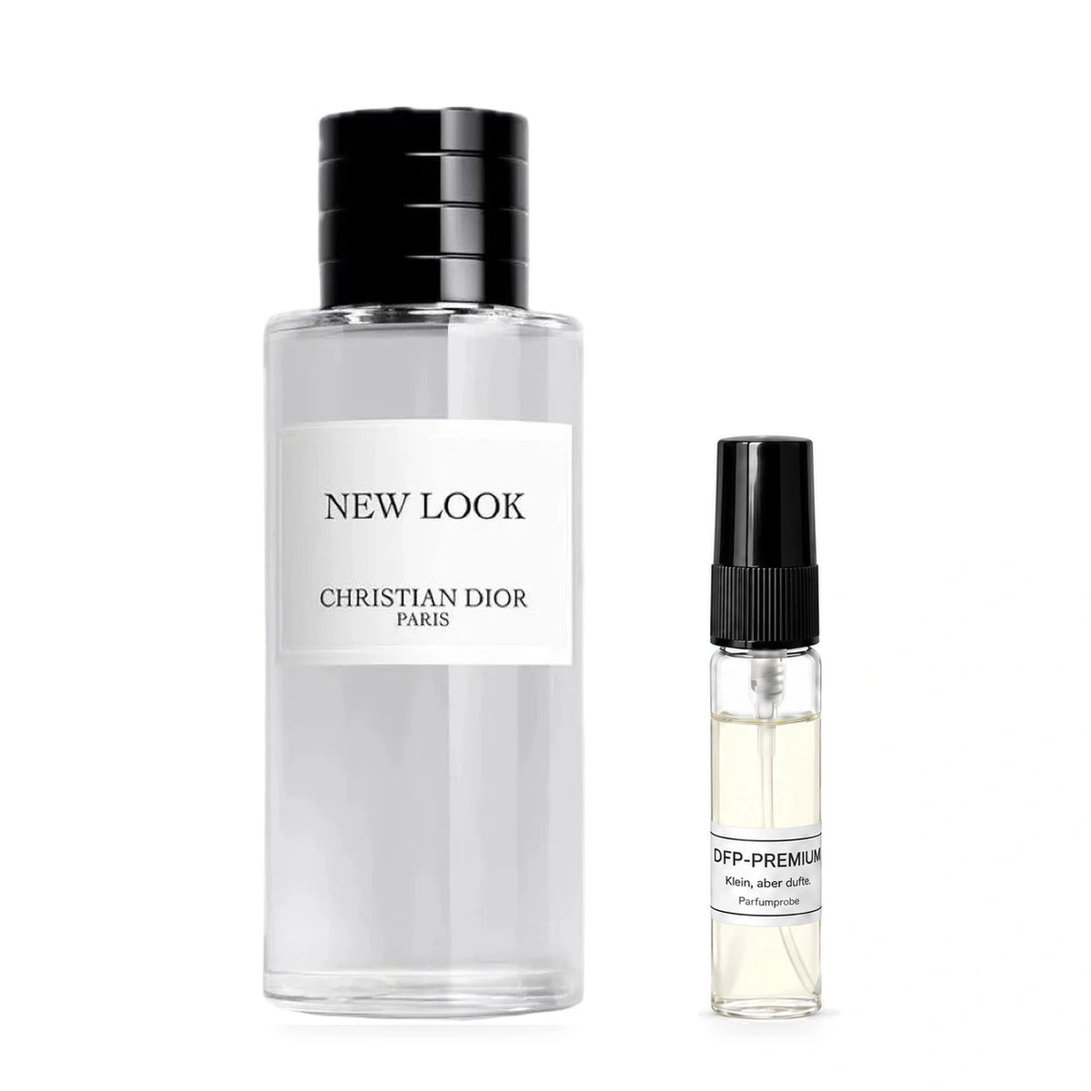 Dior New Look: Originalflakon neben einer DFP Parfumprobe im Glaszerstäuber mit schwarzer Kappe auf weissem Hintergrund.