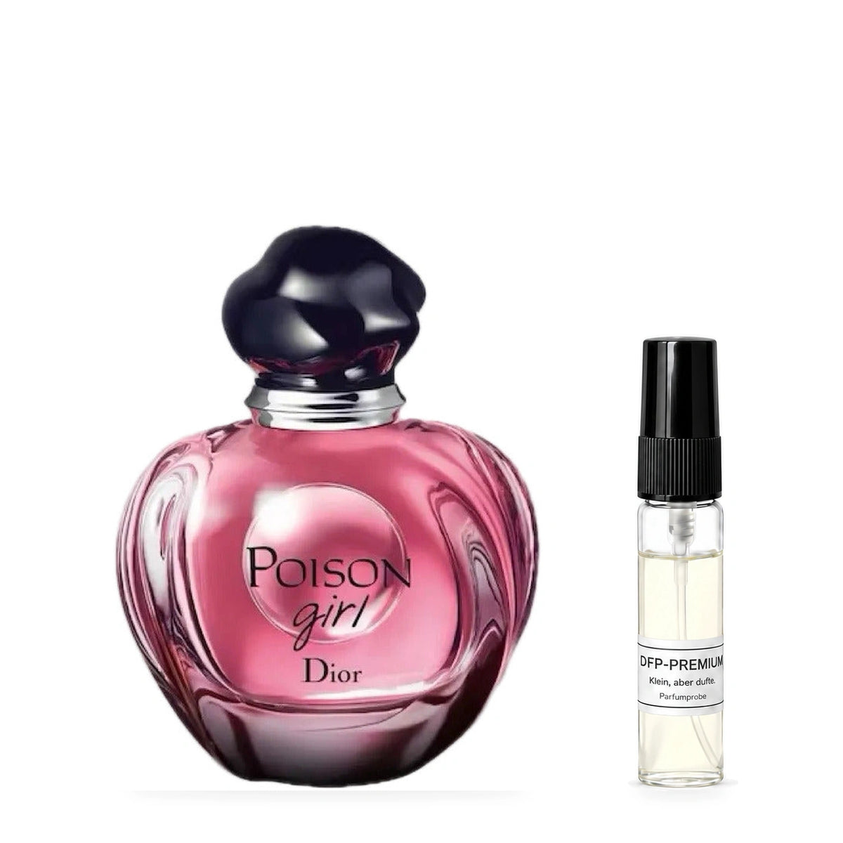 Dior Poison Girl Eau de Parfum: Originalflakon neben einer DFP Parfumprobe im Glaszerstäuber mit schwarzer Kappe auf weissem Hintergrund.