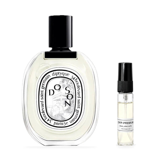 Diptyque Do Son: Originalflakon neben einer DFP Parfumprobe im Glaszerstäuber mit schwarzer Kappe auf weissem Hintergrund.