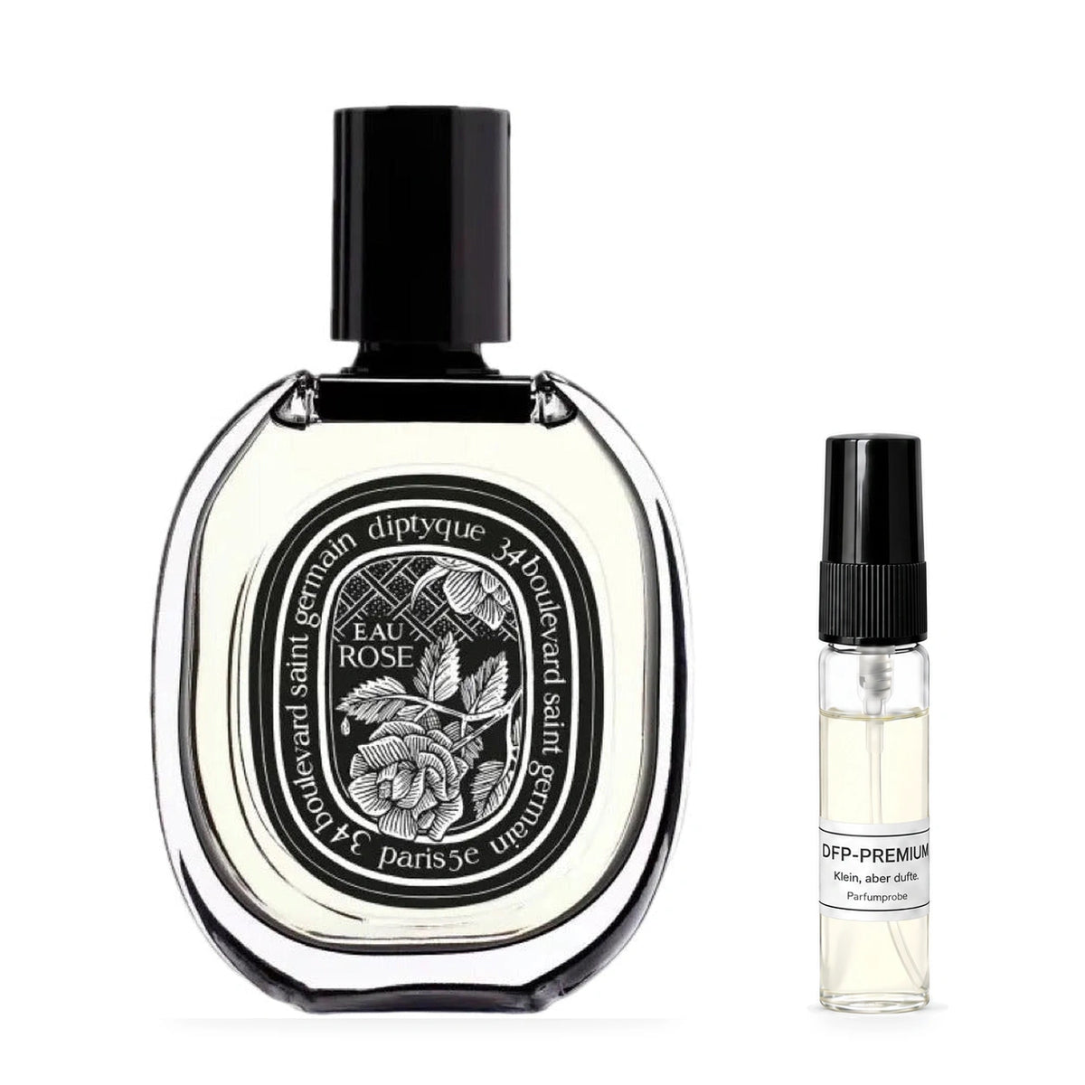 Diptyque Eau Rose: Originalflakon neben einer DFP Parfumprobe im Glaszerstäuber mit schwarzer Kappe auf weissem Hintergrund.