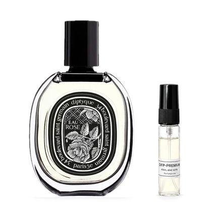 Diptyque Eau Rose: Originalflakon neben einer DFP Parfumprobe im Glaszerstäuber mit schwarzer Kappe auf weissem Hintergrund.