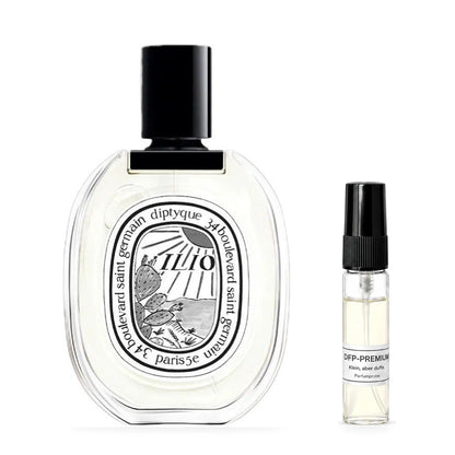 Diptyque Ilio: Originalflakon neben einer DFP Parfumprobe im Glaszerstäuber mit schwarzer Kappe auf weissem Hintergrund.
