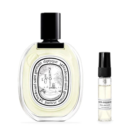Diptyque L'eau de Néroli: Originalflakon neben einer DFP Parfumprobe im Glaszerstäuber mit schwarzer Kappe auf weissem Hintergrund.