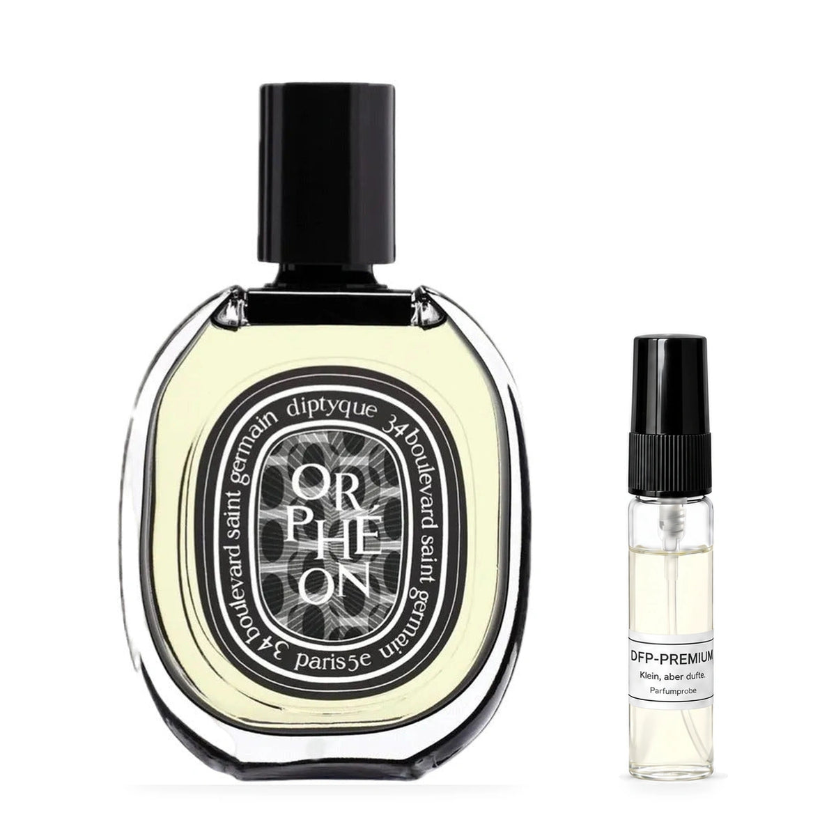 Diptyque Orphéon: Originalflakon neben einer DFP Parfumprobe im Glaszerstäuber mit schwarzer Kappe auf weissem Hintergrund.
