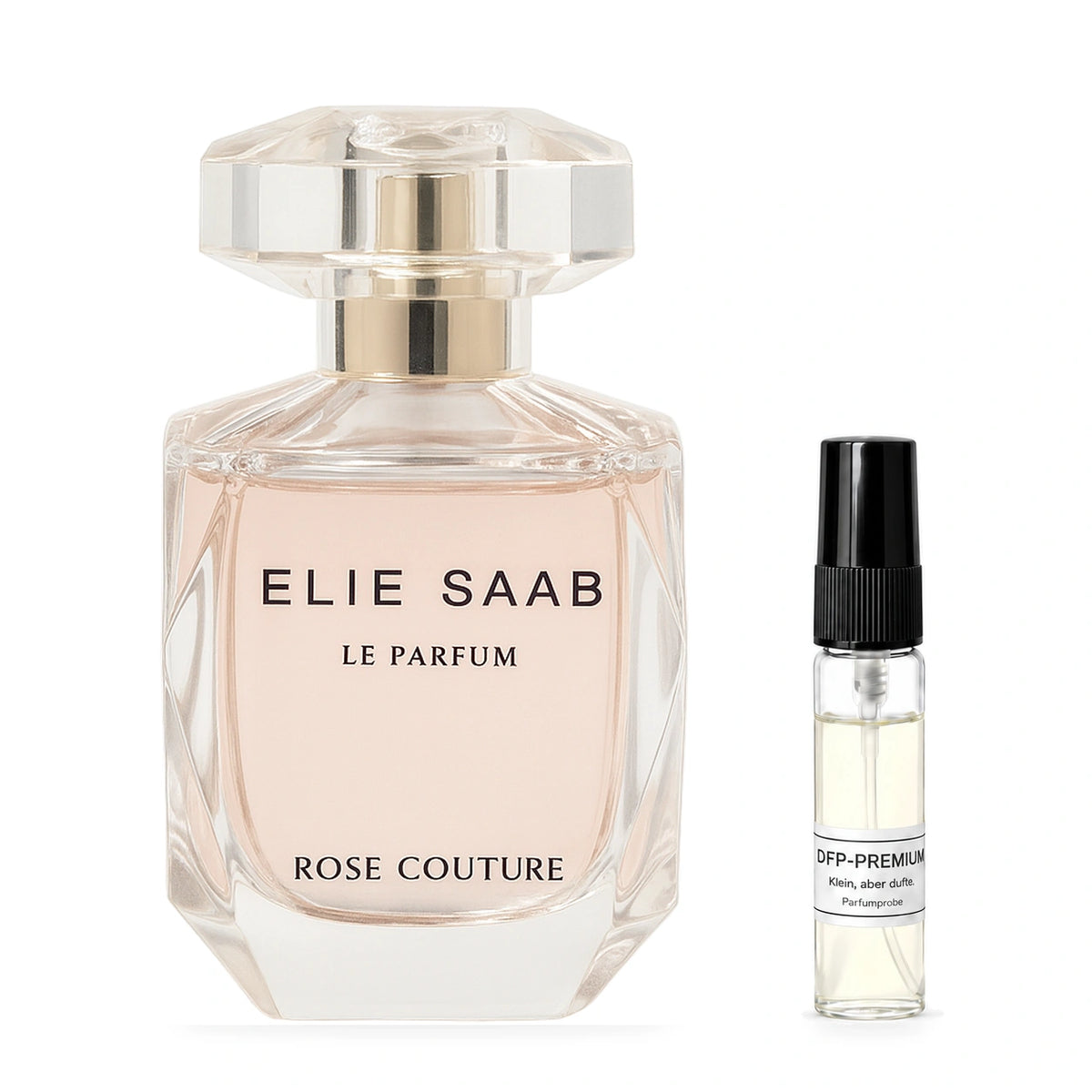 Elie Saab Le Parfum Rose Couture: Originalflakon neben einer DFP Parfumprobe im Glaszerstäuber mit schwarzer Kappe auf weissem Hintergrund.