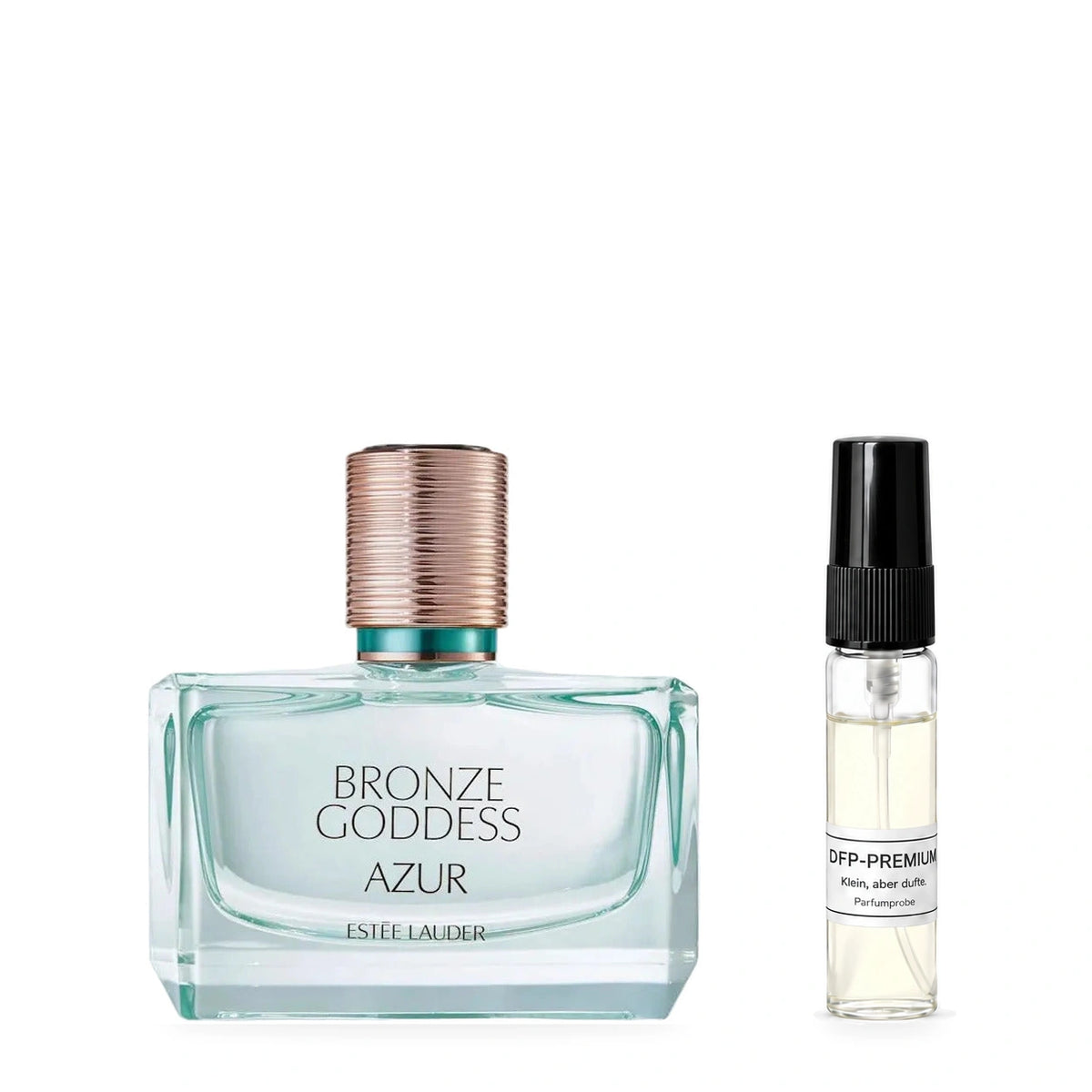 Estée Lauder Bronze Goddess Azur: Originalflakon neben einer DFP Parfumprobe im Glaszerstäuber mit schwarzer Kappe auf weissem Hintergrund.