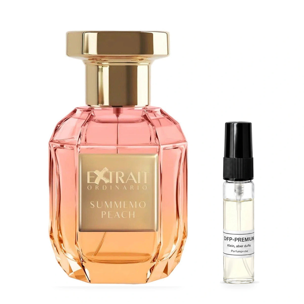 Extrait Ordinario Summemo Peach: Originalflakon neben einer DFP Parfumprobe im Glaszerstäuber mit schwarzer Kappe auf weissem Hintergrund.