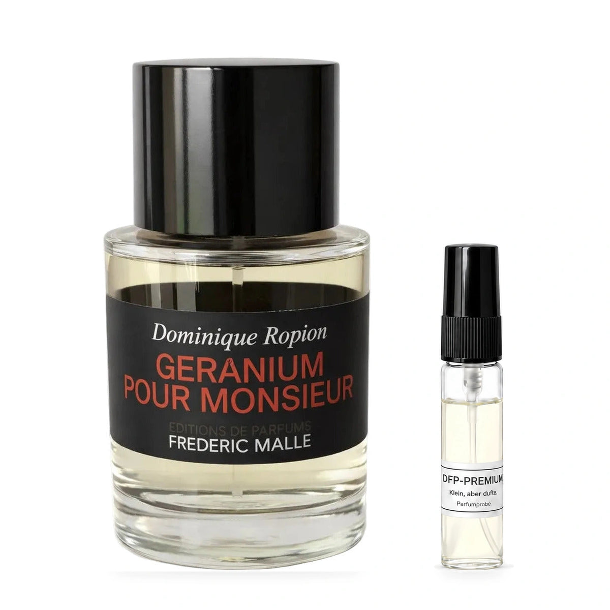 Frédéric Malle Geranium Pour Monsieur: Originalflakon neben einer DFP Parfumprobe im Glaszerstäuber mit schwarzer Kappe auf weissem Hintergrund.