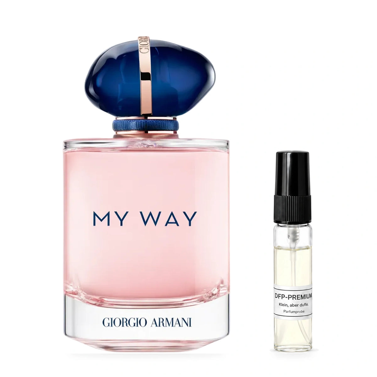 Giorgio Armani My Way: Originalflakon neben einer DFP Parfumprobe im Glaszerstäuber mit schwarzer Kappe auf weissem Hintergrund.