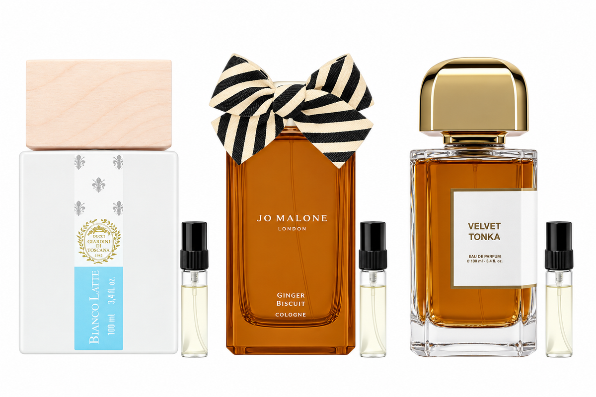Gourmand Moments: Bianco Latte, Ginger Biscuit und Velvet Tonka mit je einer 2-ml-Abfüllung. Originalflakons dienen der Illustration.