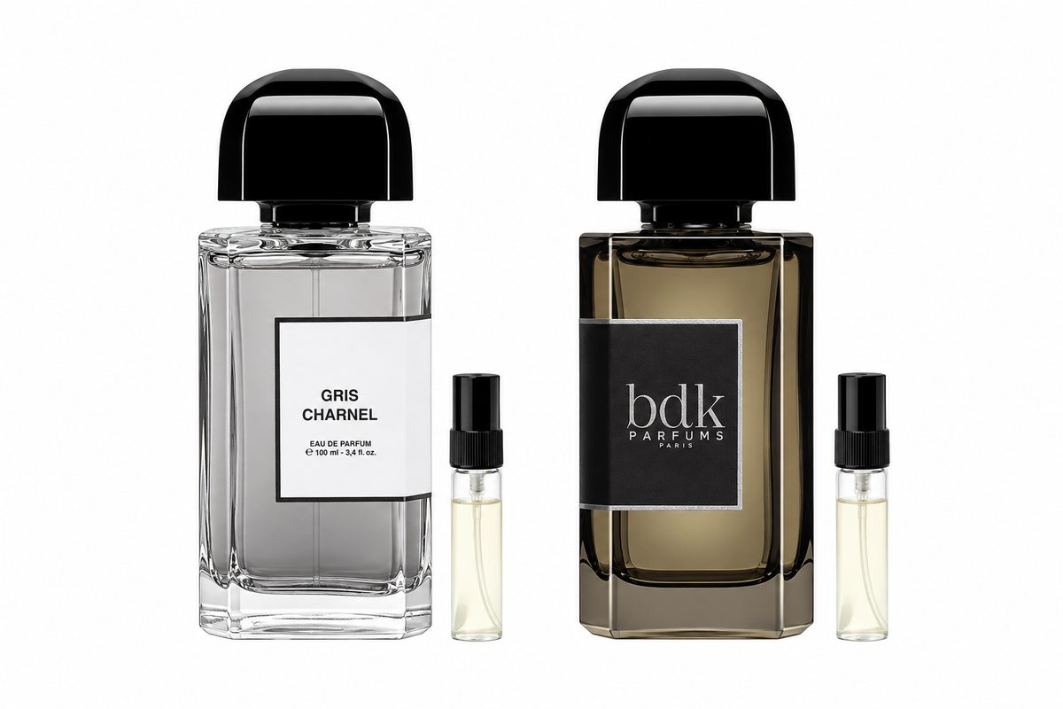 Gris Charnel Vergleichsduo: Eau de Parfum und Extrait mit je einer 2-ml-Abfüllung. Originalflakons dienen der Illustration.