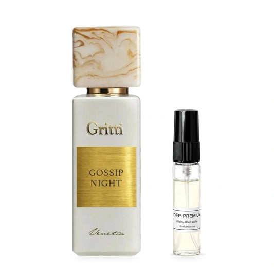 Gritti Gossip Night: Originalflakon neben einer DFP Parfumprobe im Glaszerstäuber mit schwarzer Kappe auf weissem Hintergrund.