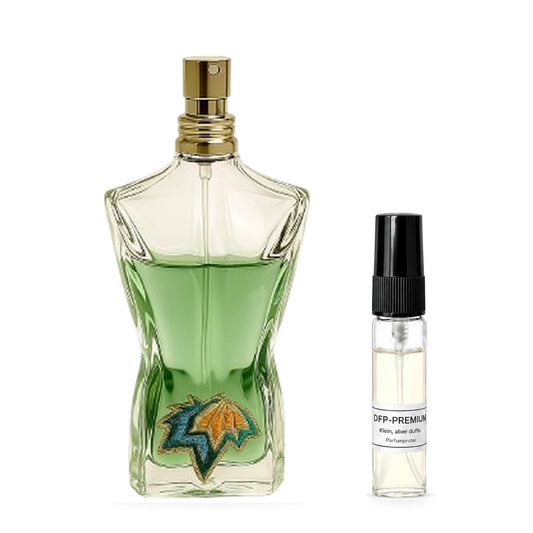 Jean Paul Gaultier Le Beau Paradise Garden: Originalflakon neben einer DFP Parfumprobe im Glaszerstäuber mit schwarzer Kappe auf weissem Hintergrund.