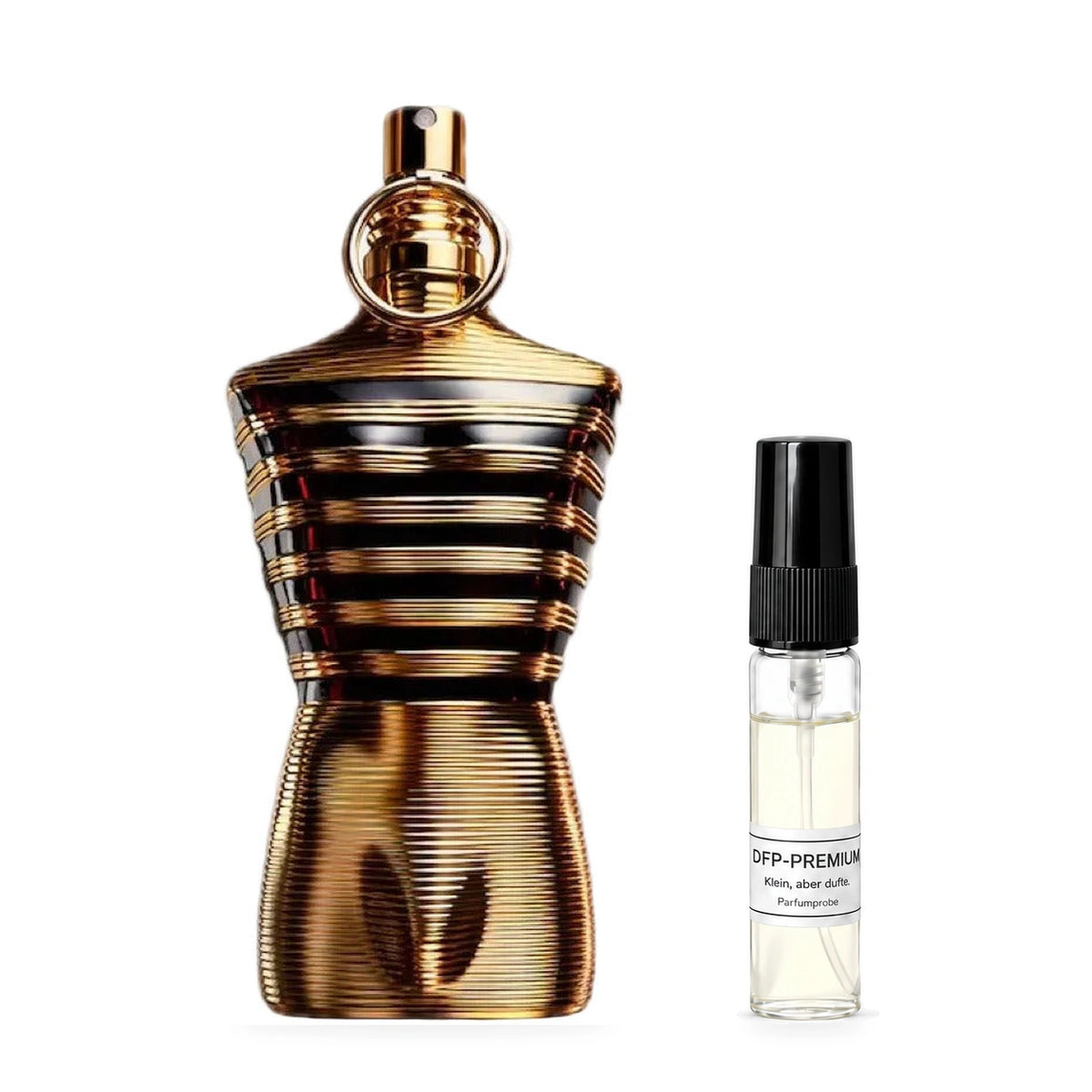 Jean Paul Gaultier Le Male Elixir: Originalflakon neben einer DFP Parfumprobe im Glaszerstäuber mit schwarzer Kappe auf weissem Hintergrund.
