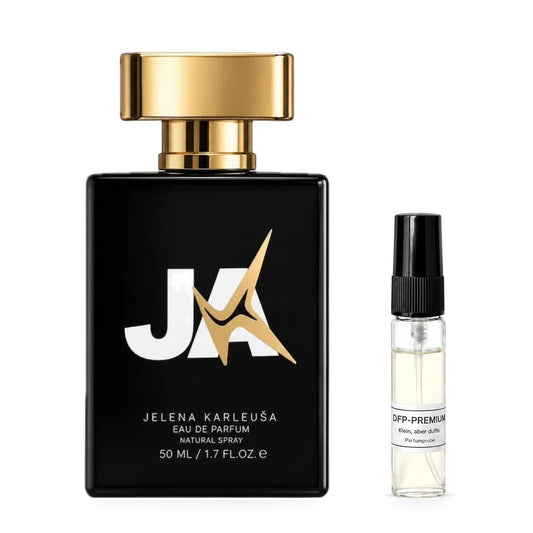 Jelena Karleusa JA: Originalflakon neben einer DFP Parfumprobe im Glaszerstäuber mit schwarzer Kappe auf weissem Hintergrund.