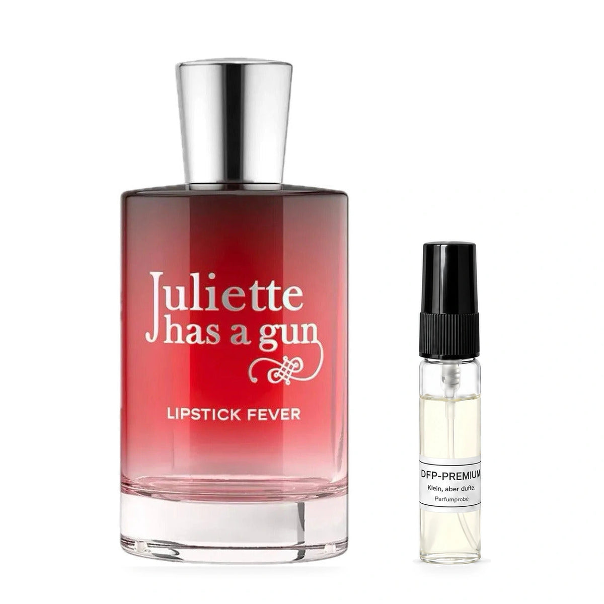 Juliette has a Gun Lipstick Fever: Originalflakon neben einer DFP Parfumprobe im Glaszerstäuber mit schwarzer Kappe auf weissem Hintergrund.