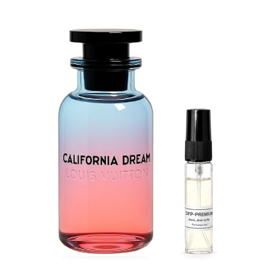 Louis Vuitton California Dream: Originalflakon neben einer DFP Parfumprobe im Glaszerstäuber mit schwarzer Kappe auf weissem Hintergrund.