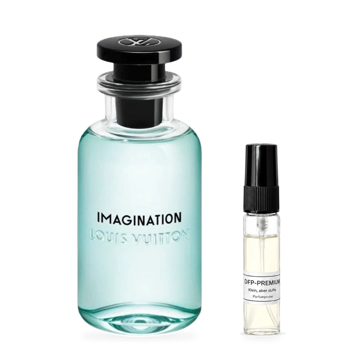Louis Vuitton Imagination: Originalflakon neben einer DFP Parfumprobe im Glaszerstäuber mit schwarzer Kappe auf weissem Hintergrund.