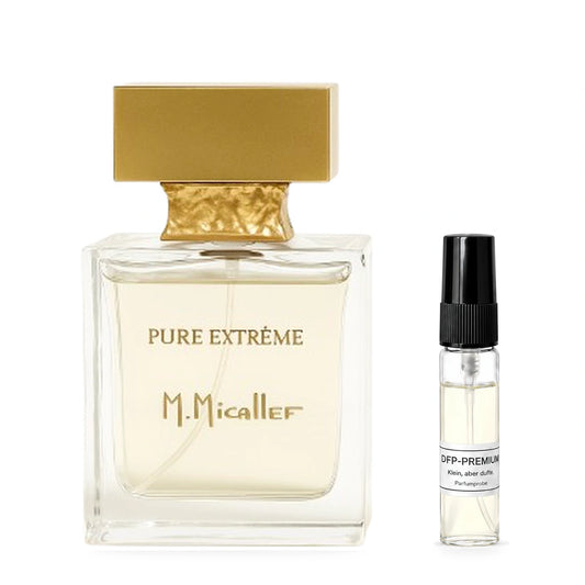M. Micallef Pure Extrême: Originalflakon neben einer DFP Parfumprobe im Glaszerstäuber mit schwarzer Kappe auf weissem Hintergrund.