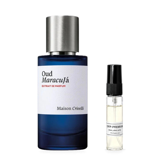 Maison Crivelli Oud Maracujá: Originalflakon neben einer DFP Parfumprobe im Glaszerstäuber mit schwarzer Kappe auf weissem Hintergrund.