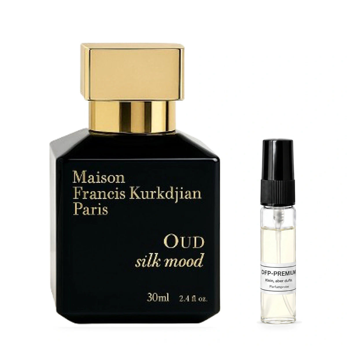 Maison Francis Kurkdjian Oud Silk Mood: Originalflakon neben einer DFP Parfumprobe im Glaszerstäuber mit schwarzer Kappe auf weissem Hintergrund.
