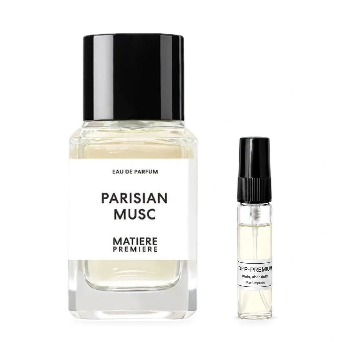 Matière Première Parisian Musc: Originalflakon neben einer DFP Parfumprobe im Glaszerstäuber mit schwarzer Kappe auf weissem Hintergrund.