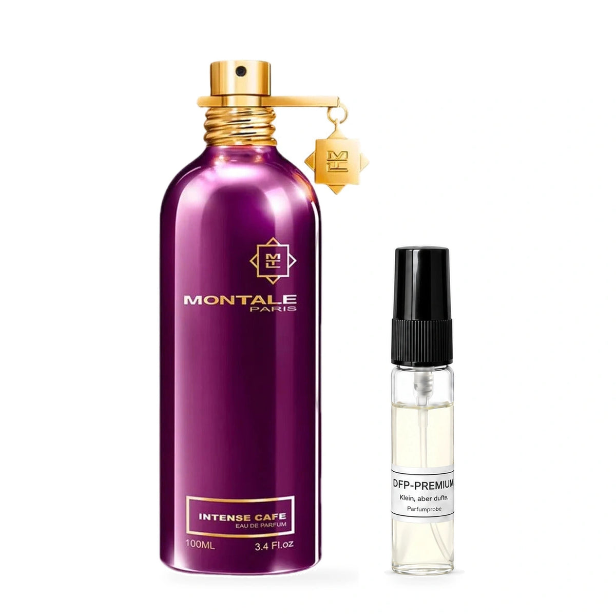 Montale Intense Café: Originalflakon neben einer DFP Parfumprobe im Glaszerstäuber mit schwarzer Kappe auf weissem Hintergrund.