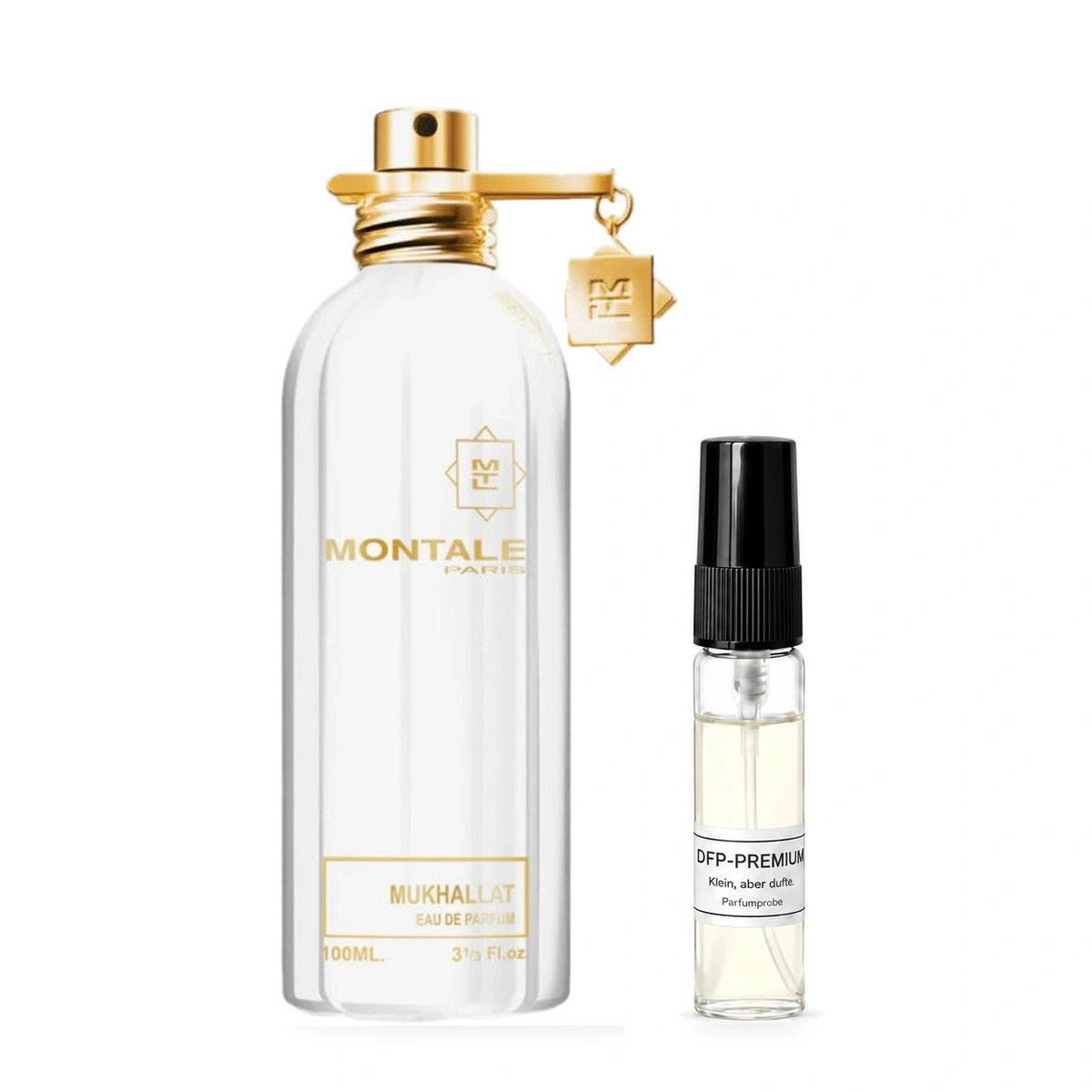 Montale Mukhallat: Originalflakon neben einer DFP Parfumprobe im Glaszerstäuber mit schwarzer Kappe auf weissem Hintergrund.