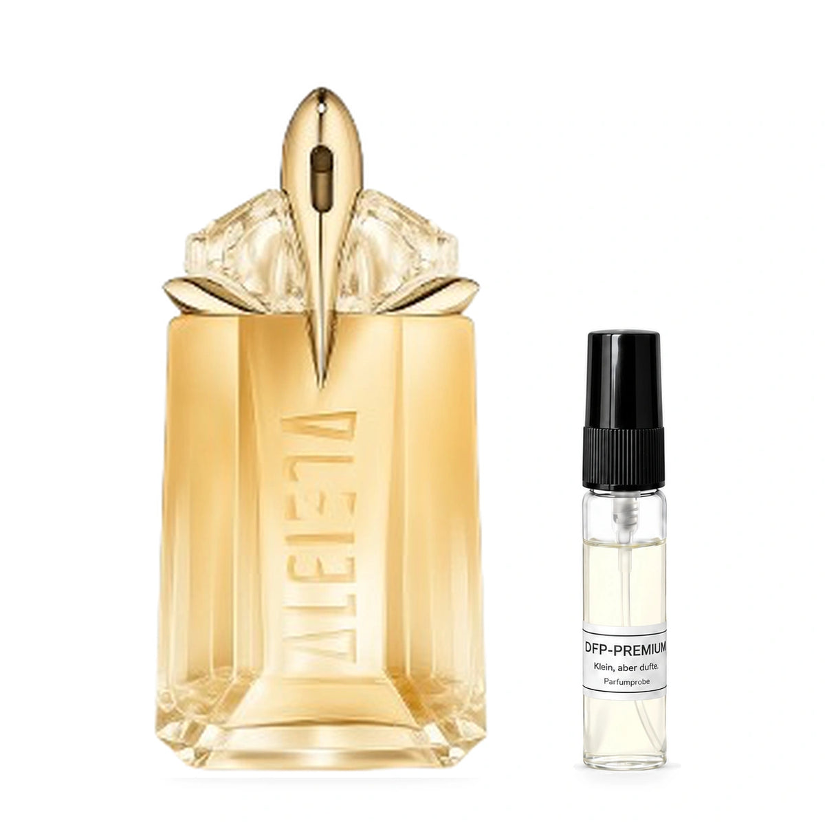 Mugler Alien Goddess: Originalflakon neben einer DFP Parfumprobe im Glaszerstäuber mit schwarzer Kappe auf weissem Hintergrund.