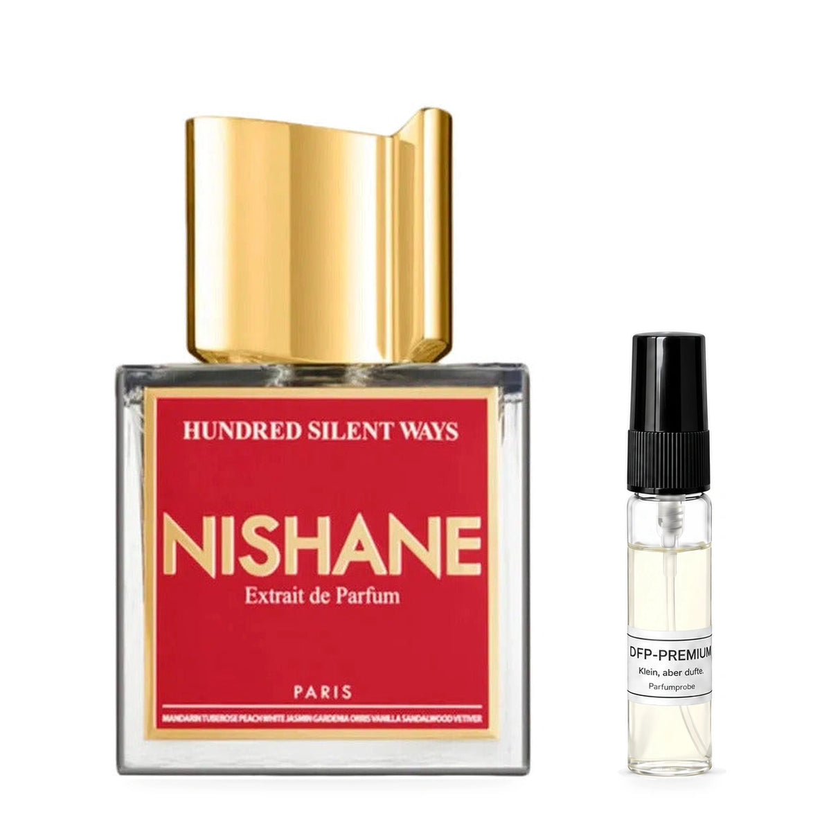 Nishane Hundred Silent Ways: Originalflakon neben einer DFP Parfumprobe im Glaszerstäuber mit schwarzer Kappe auf weissem Hintergrund.