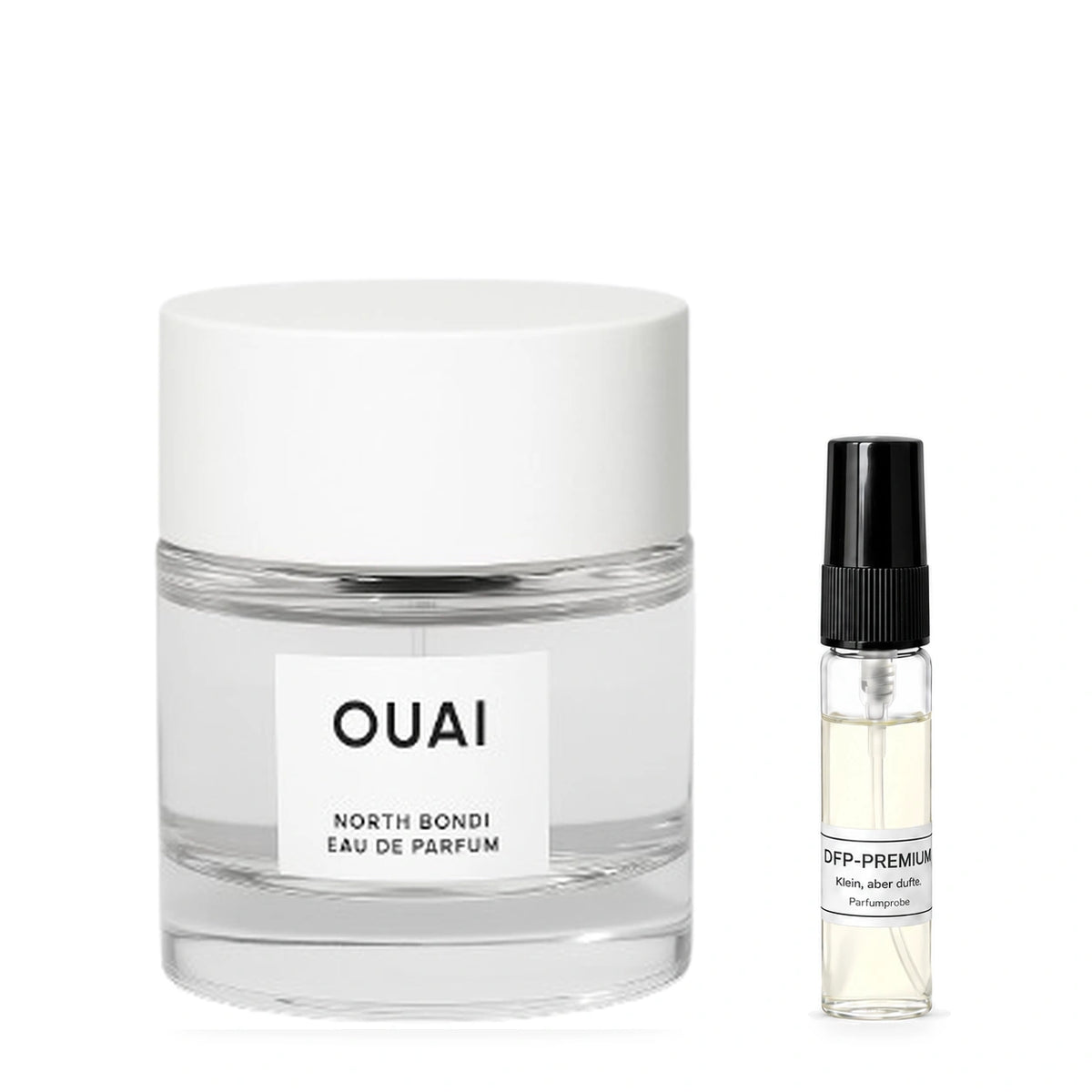 OUAI North Bondi: Originalflakon neben einer DFP Parfumprobe im Glaszerstäuber mit schwarzer Kappe auf weissem Hintergrund.