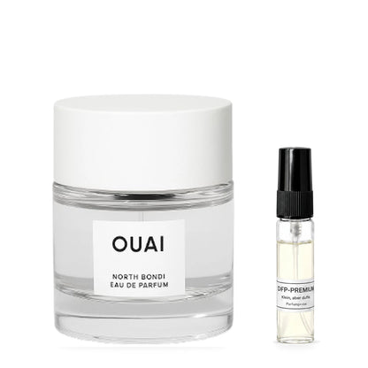 OUAI North Bondi: Originalflakon neben einer DFP Parfumprobe im Glaszerstäuber mit schwarzer Kappe auf weissem Hintergrund.
