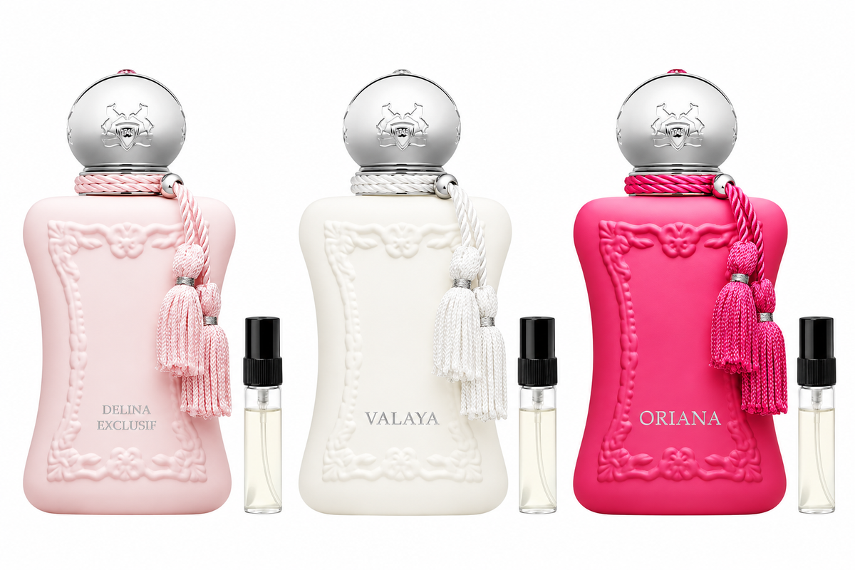 Parfums de Marly Discovery: Delina Exclusif, Valaya und Oriana mit je einer 2-ml-Abfüllung. Originalflakons dienen der Illustration.