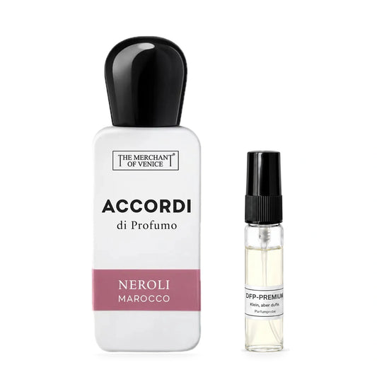 The Merchant of Venice Neroli Marocco: Originalflakon neben einer DFP Parfumprobe im Glaszerstäuber mit schwarzer Kappe auf weissem Hintergrund.