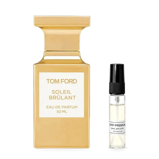 Tom Ford Soleil Brûlant: Originalflakon neben einer DFP Parfumprobe im Glaszerstäuber mit schwarzer Kappe auf weissem Hintergrund.