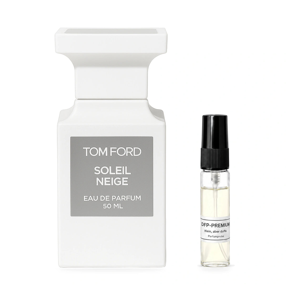 Tom Ford Soleil Neige: Originalflakon neben einer DFP Parfumprobe im Glaszerstäuber mit schwarzer Kappe auf weissem Hintergrund.