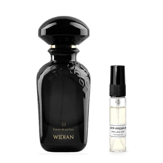 Widian Black III: Originalflakon neben einer DFP Parfumprobe im Glaszerstäuber mit schwarzer Kappe auf weissem Hintergrund.