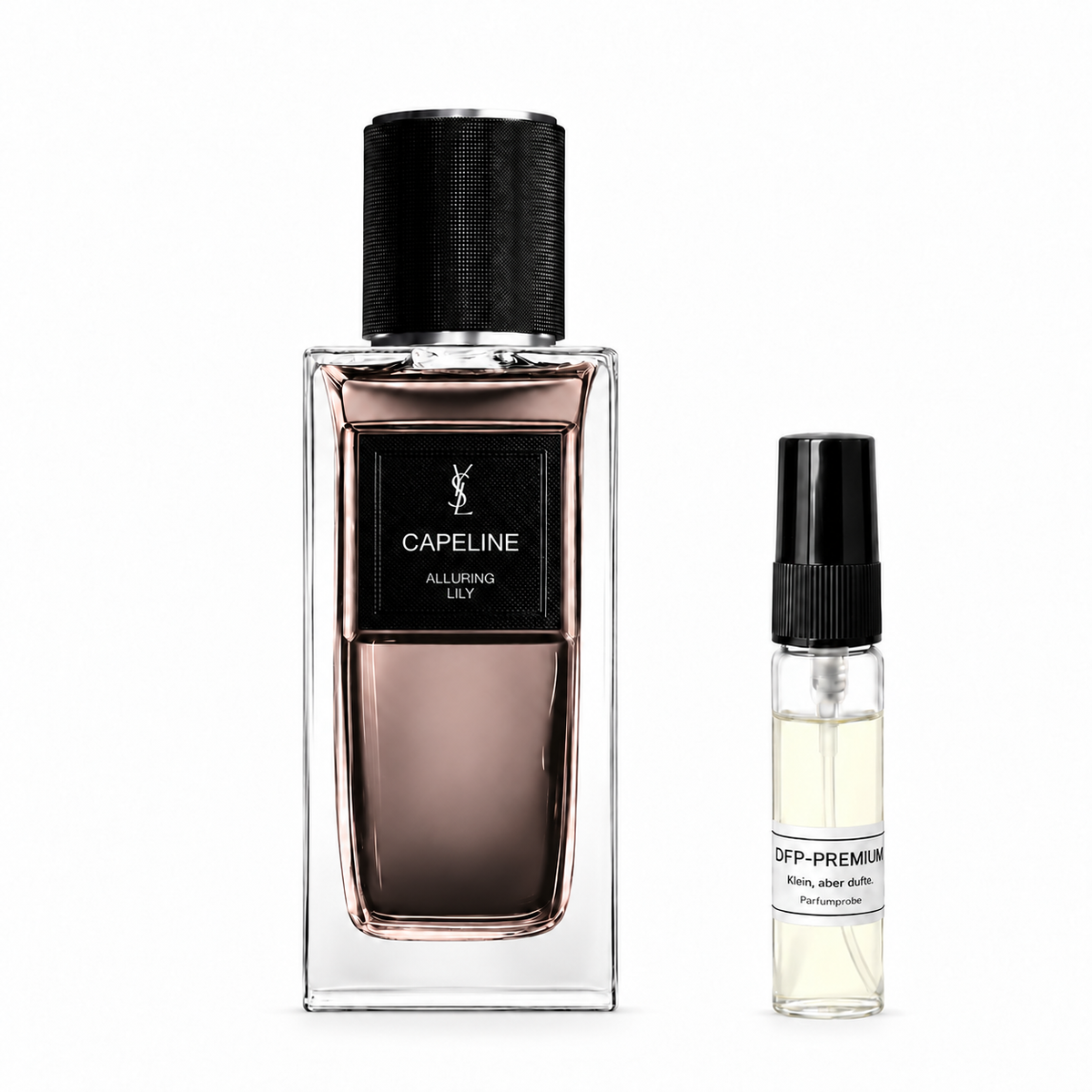 Yves Saint Laurent Capeline Alluring Lily bottle beside a DFP perfume sample in a glass atomizer with a black cap on a white background.