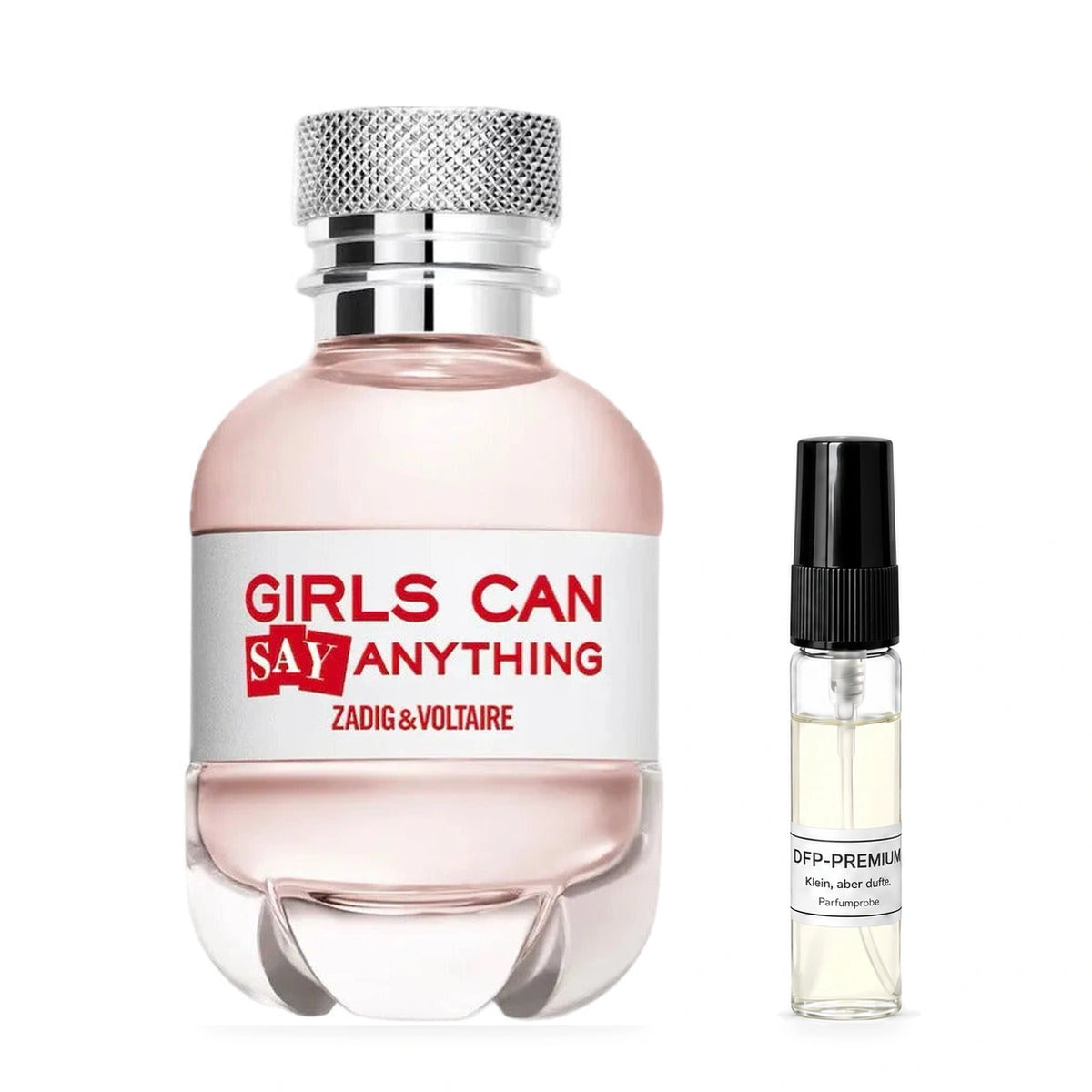 Zadig & Voltaire Girls can say anything: Originalflakon neben einer DFP Parfumprobe im Glaszerstäuber mit schwarzer Kappe auf weissem Hintergrund.
