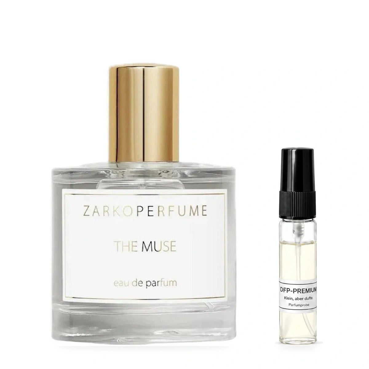 Zarkoperfume The Muse: Originalflakon neben einer DFP Parfumprobe im Glaszerstäuber mit schwarzer Kappe auf weissem Hintergrund.