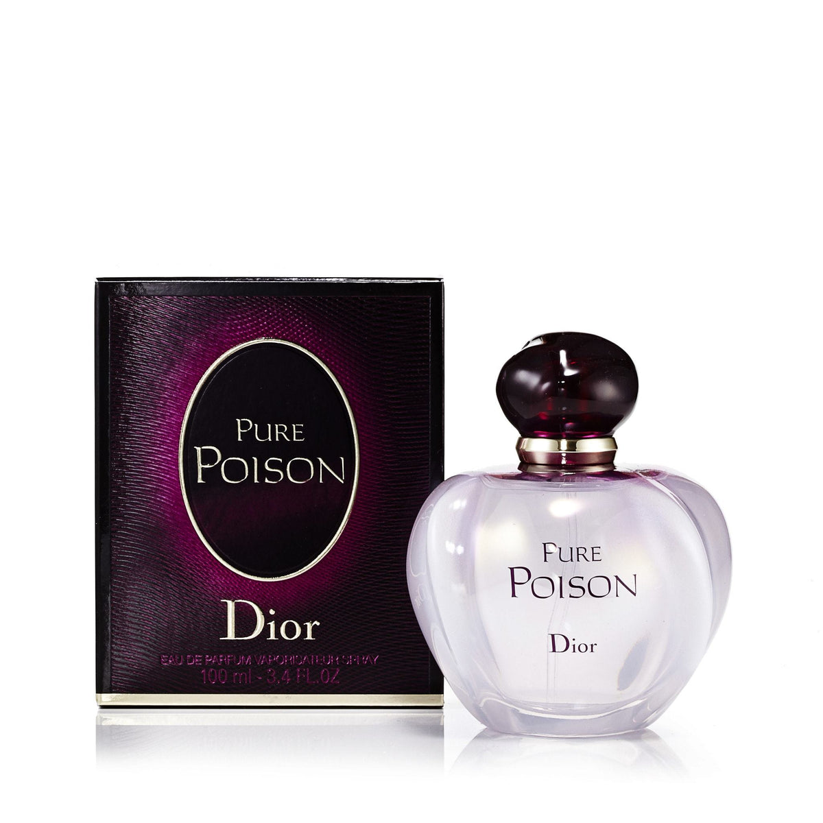 Dior Pure Poison Eau de Parfum: flacone chiaro con tappo scuro accanto alla confezione viola.