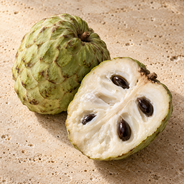 Ganze und halbierte Cherimoya mit weissem Fruchtfleisch auf hellem Naturstein