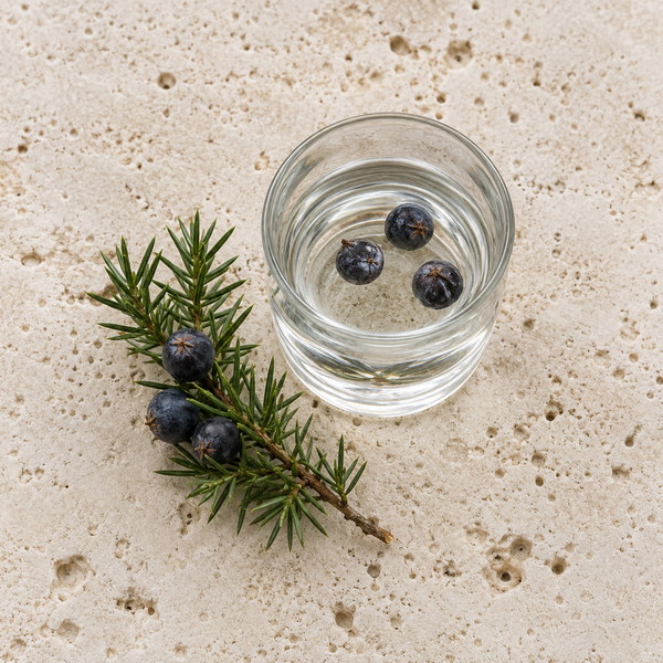 Klares Getränk und Wacholderbeeren als Symbol für einen Gin-Akkord