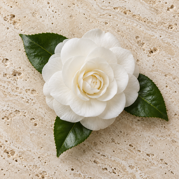 Weisse Kamelienblüte mit glänzenden Blättern