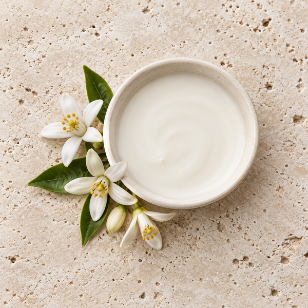 Orange blossoms and a creamy liquid symbolising a neroli milk accord