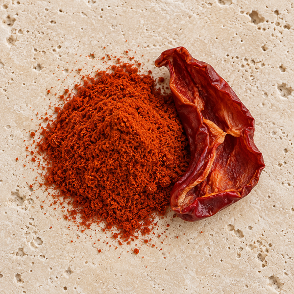 Rotes Paprikapulver und ein getrocknetes Paprikastück als Symbol für den Paprikaakkord