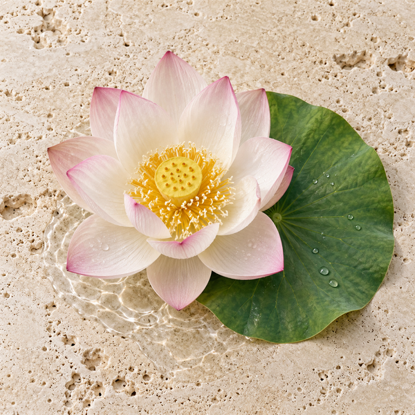 Helle Lotusblüte mit rundem Blatt an einer klaren Wasserfläche