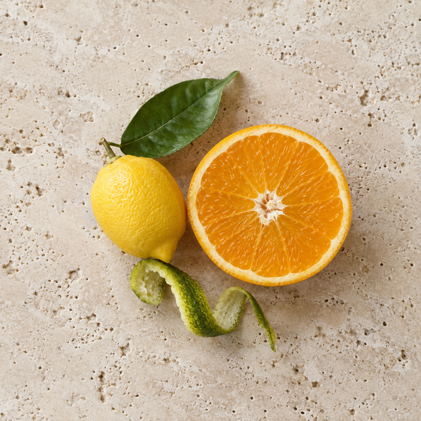 Zitrone, Orange und Zitrusschale als Symbol für Zitrusnoten