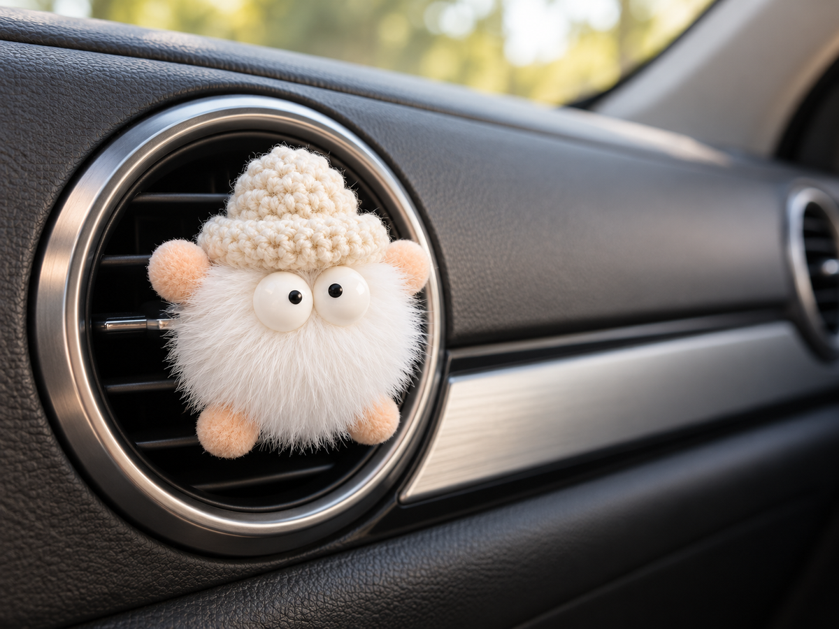 Weisse Wuschel Duftfigur an der Lüftung im Auto